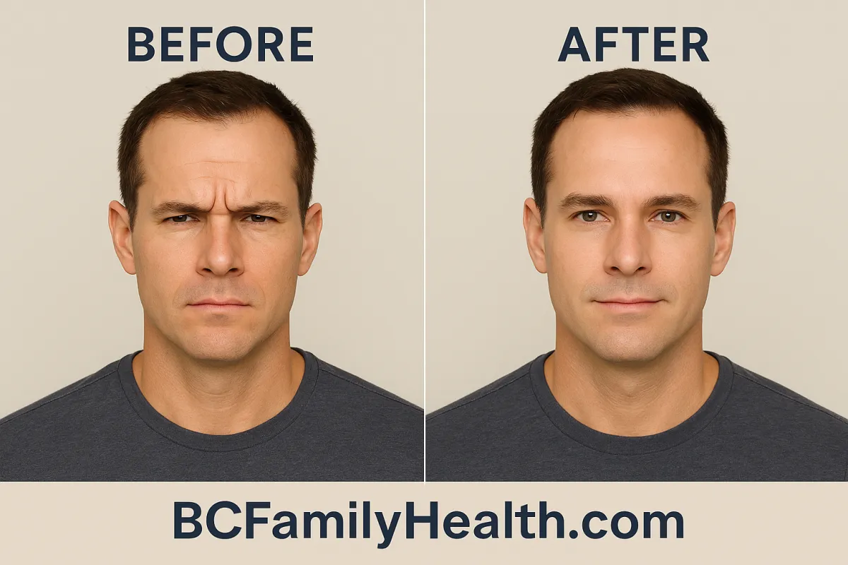 Before and after Botox treatment on a man at BC Family Health Group showing smoother forehead and reduced frown lines — natural results from BCFamilyHealth.com.