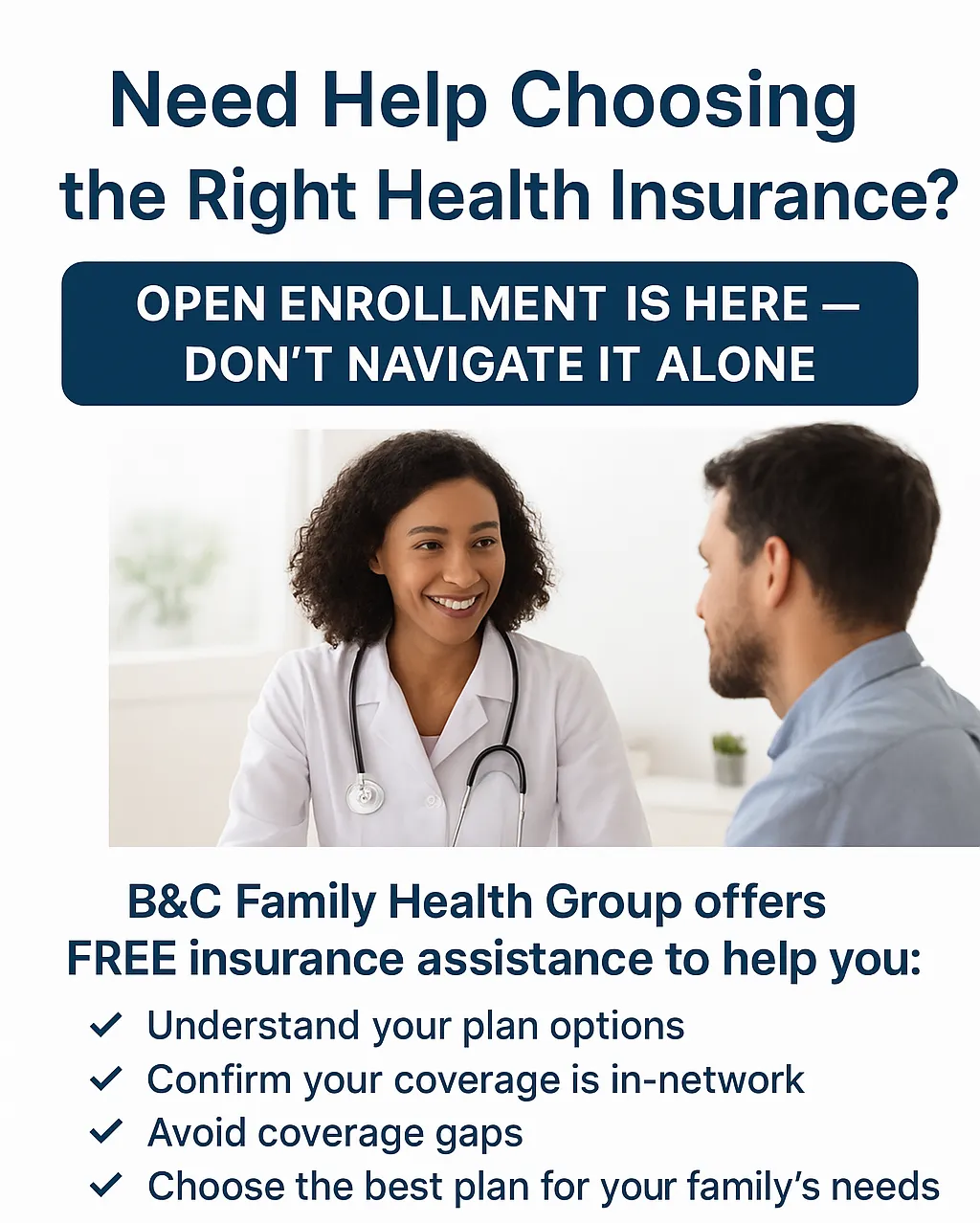 A friendly healthcare consultant from B&C Family Health Group reviewing insurance enrollment with a patient — securing health coverage at BCFamilyHealthGrp.com.
