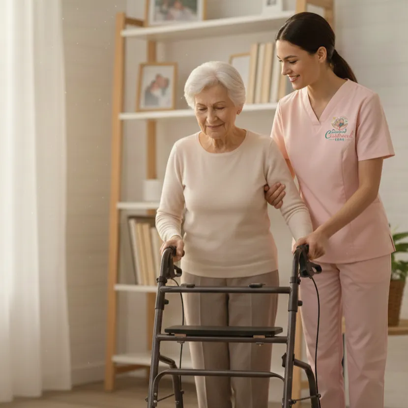 caregiver helping an elderly women to walking