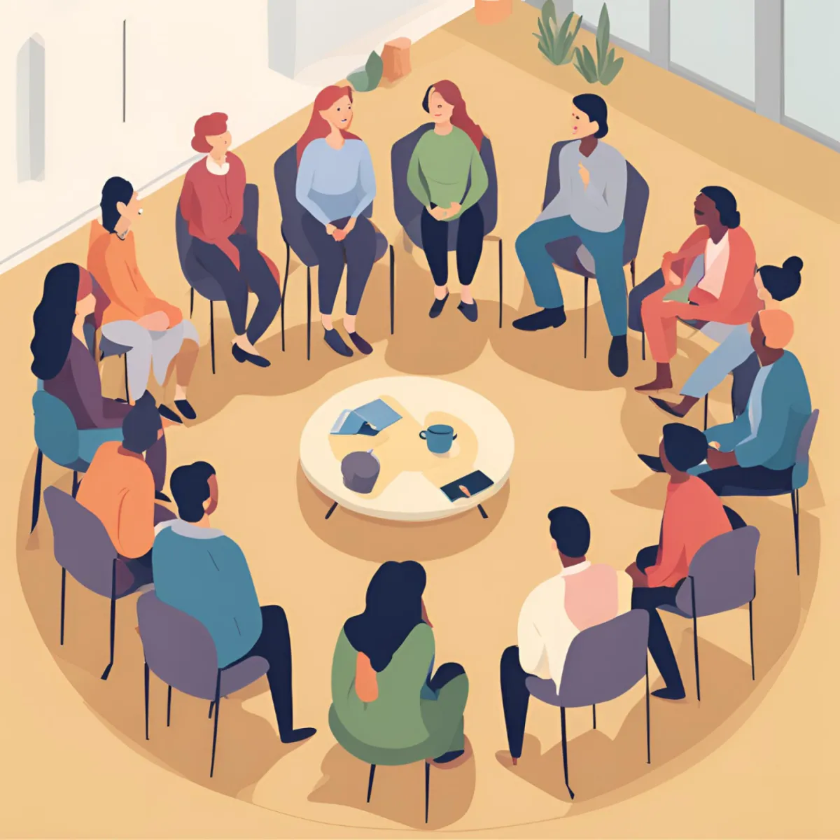 Teachers gathered in a circle, engaged in open dialogue, representing whole-school restorative practices.