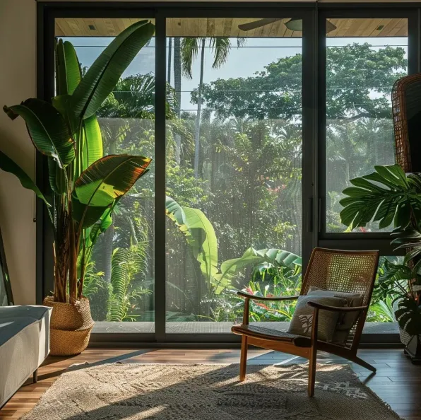 Sun coming in a room that has a big window with a magnetic bug screen on it, there's a plant on the left and a chair on the right of the room.
