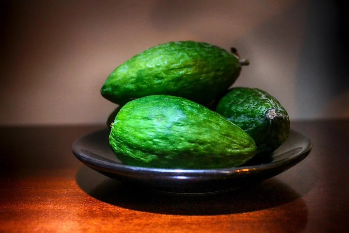 three feijoas in a black bowl