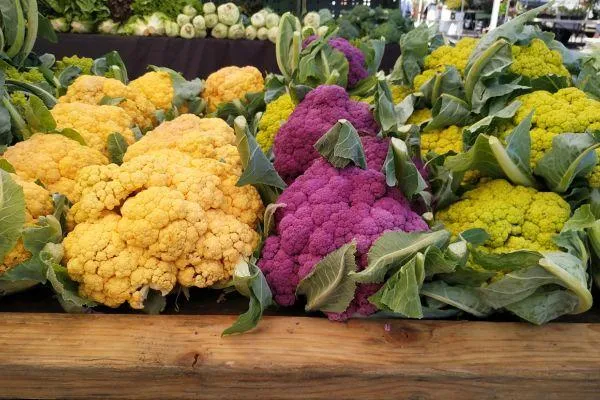 a basket of orange, purple and green cauliflowers