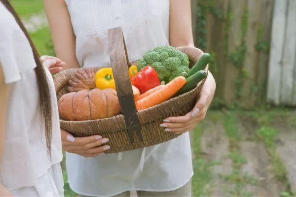 a woman holding a basket of vegetables