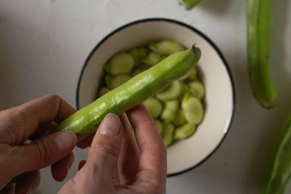 the hand of a person shelling broad beans