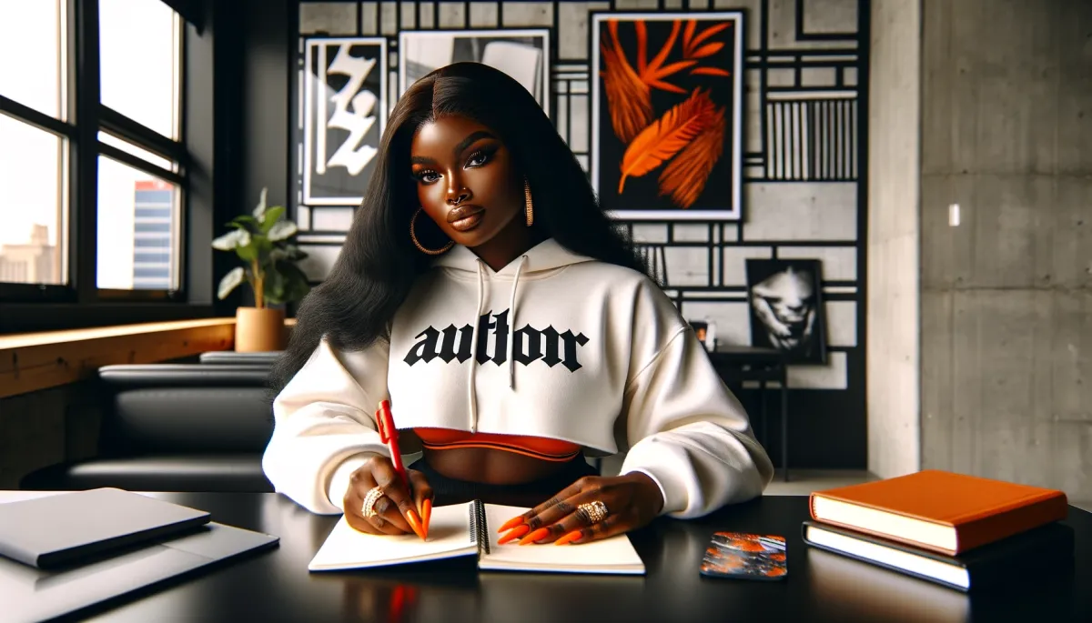 Image of a gorgeous 45 year old dark brown skin full size plump African American woman with long hair in a black and orange office. She is sitting at a desk with a notebook on it, writing in the notebook with a red pen. Her manicured nails are painted orange, and she has long black hair. She is wearing gold hoop earrings and a white mid drift hoodie  with the phrase “AUTHOR” in black. The office has a modern and stylish vibe, with urban art on the wall behind her, adding a creative and inspirational atmosphere to the scene.