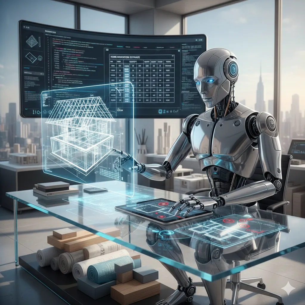 a robot creating a construction estimate on a touch screen at a desk