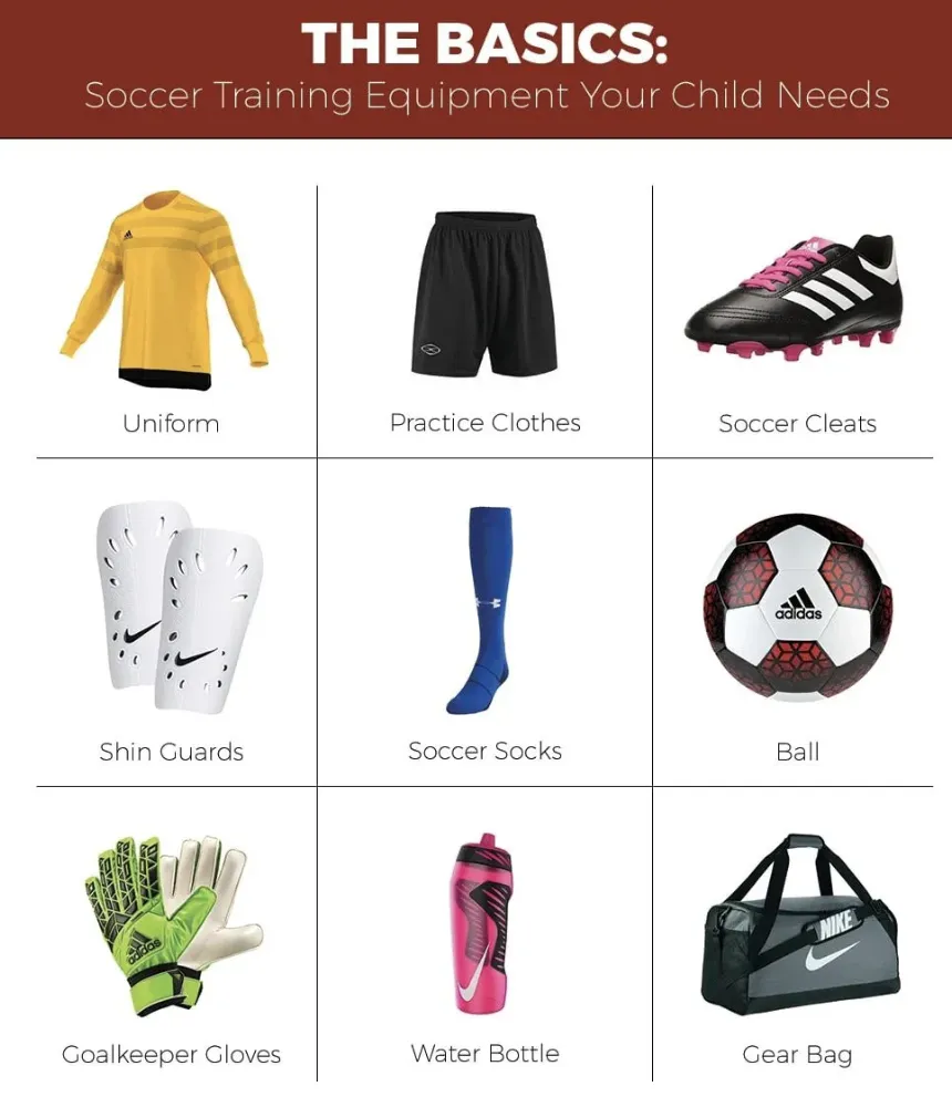 Youth soccer gear laid out on a bench in Boston: cleats, shin guards, uniform, thermal layer, and water bottle under autumn leaves