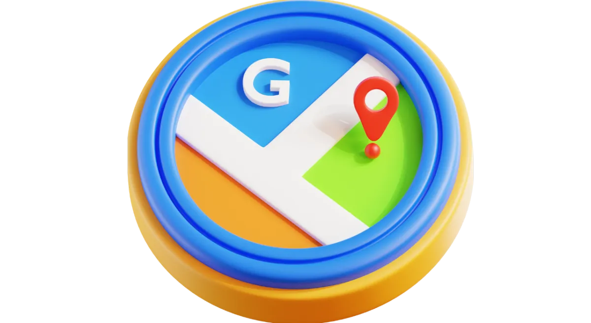 Google Pin displayed on a map looking through a magnifying glass