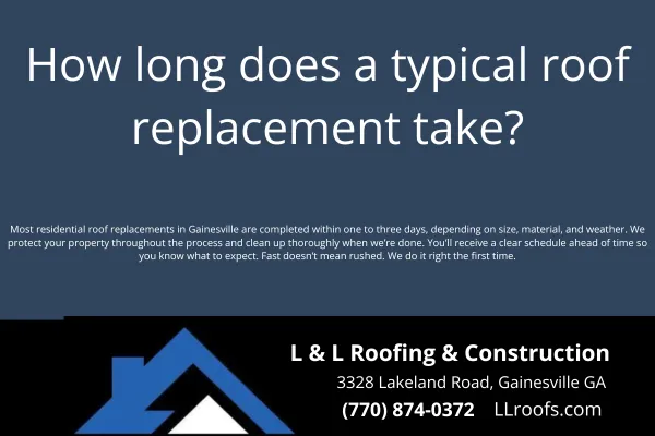 Learn how long a typical roof replacement takes in Gainesville, GA. Get a clear timeline and factors that affect the project from L&L Roofing & Construction.