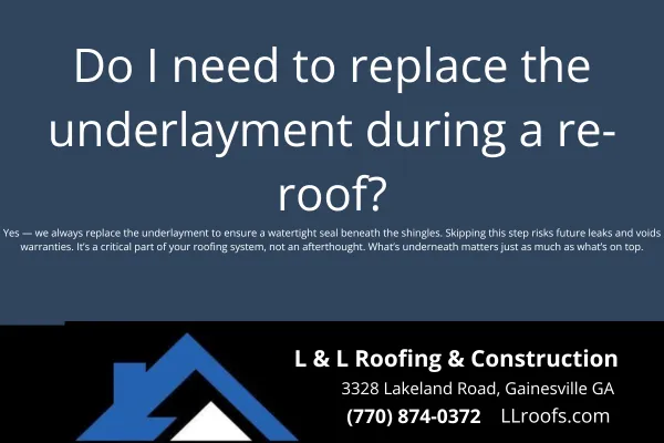 Yes—replacing roof underlayment is essential during a re-roof. L&L Roofing explains why fresh underlayment protects your home from leaks and future damage.