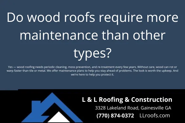 Find out if cedar shake and wood shingle roofs need more care than other materials. L&L Roofing breaks down what to expect with wood roof maintenance in Georgia.