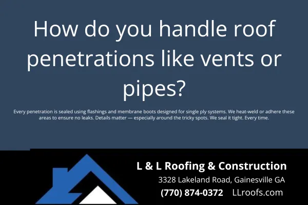 Learn how L&L Roofing installs and seals around vents, pipes, and other penetrations in TPO, PVC, and EPDM single ply roofing systems.