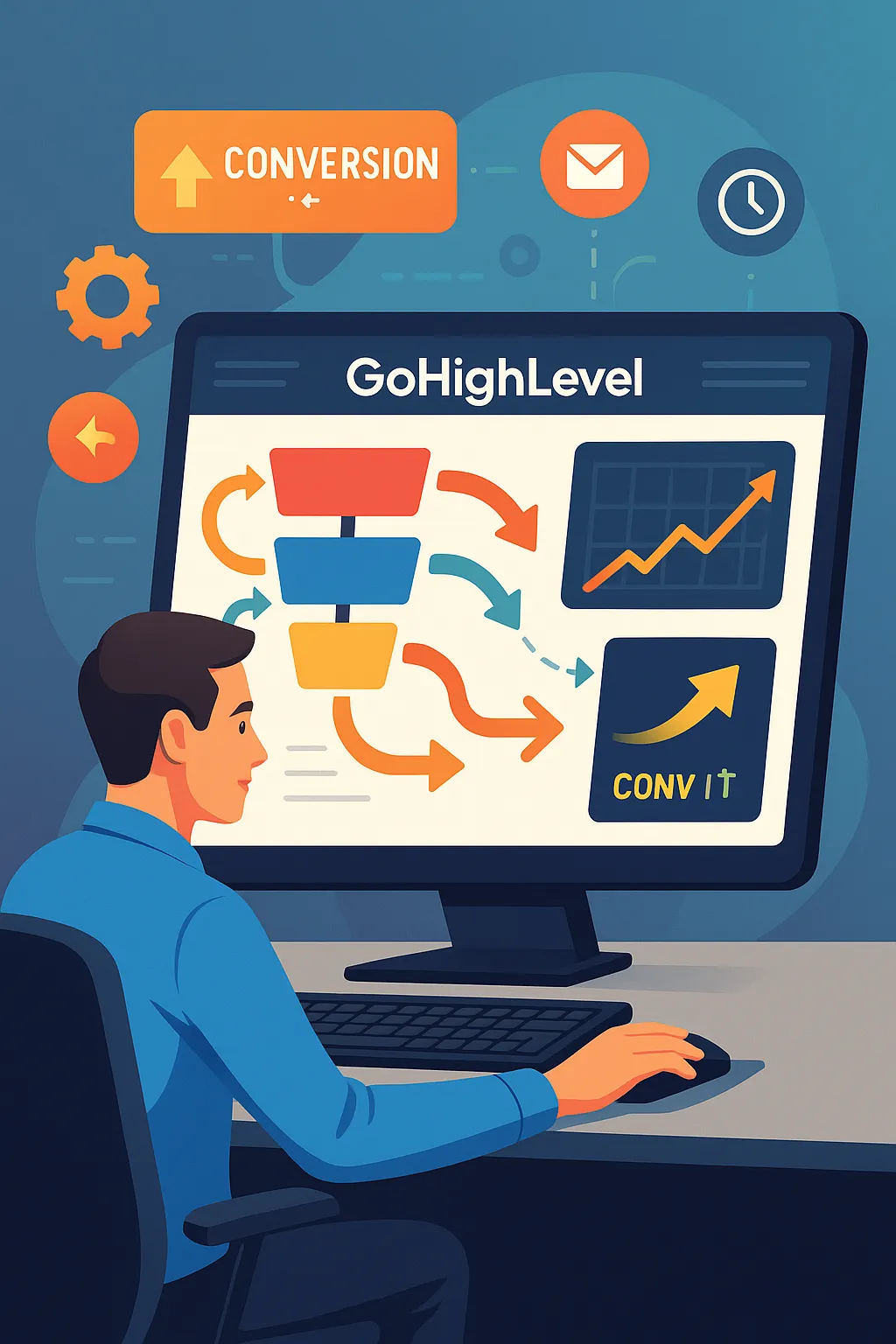 A modern, professional illustration showing a marketer customizing a GoHighLevel sales funnel on a computer screen, with colorful flowchart arrows, conversion graphs, email automation icons, and a glowing “Conversion ↑” symbol. Clean 2025 digital marketing theme, vibrant colors, high detail