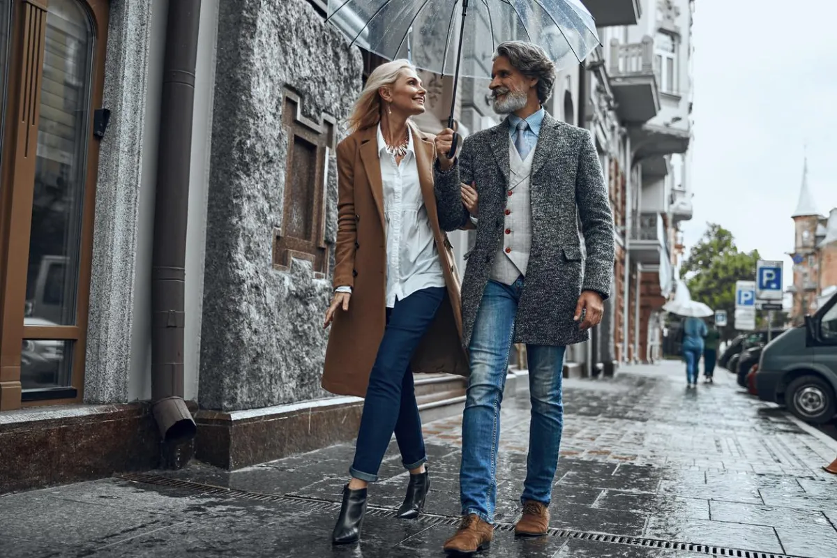 Middle-aged couple walking in a Downtown Columbus Ohio neighborhood in early fall