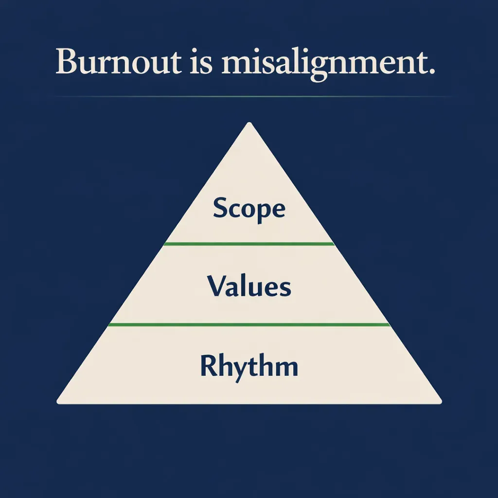 A graphic showing the burnout misalignment pyramid of Rhythm, value and scope