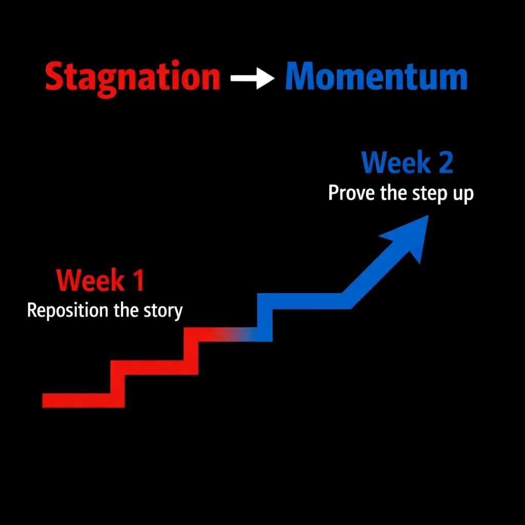 Stagnation to Momentum graphic: red step path “Week 1 Reposition the story” shifting to blue arrow “Week 2 Prove the step up.”