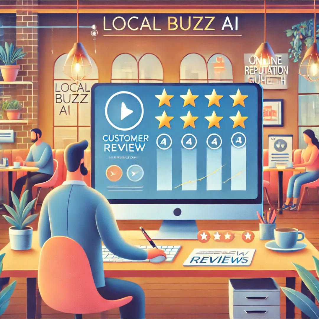 Illustration of a small business owner using a dashboard to monitor and respond to Google reviews, featuring icons of customer review stars, growth charts, and automated tools in a cozy business environment with branding elements for Local Buzz AI