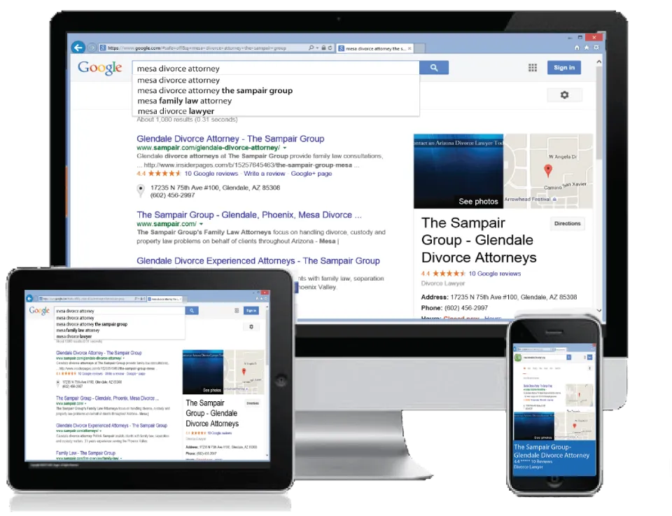 Image showing Search Box Optimization in action across multiple devices (desktop, tablet, and mobile) for a law firm search query. The search results display suggested keywords as the user types in the search box, with results highlighting a specific law firm, 'The Sampair Group - Glendale Divorce Attorneys,' including reviews, contact details, and location.