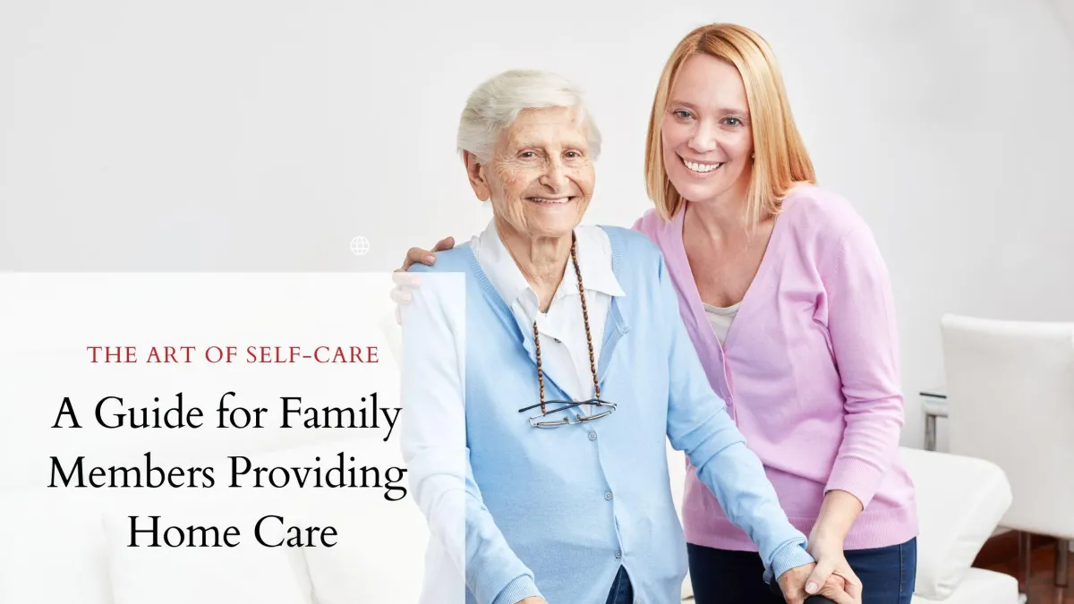 Family caregiver practicing self-care through mindfulness and relaxation while supporting a loved one at home