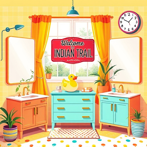 Alt text: A beautifully designed bathroom vanity made from reclaimed wood, intricately carved with floral motifs, sits in a sun-drenched setting inspired by the Pre-Raphaelite Brotherhood. The vanity features ceramic sink bowls with ocean-inspired patterns, reflecting Wilmington, North Carolina's coastal beauty. Vibrant blooms and polished seashells are scattered across the countertop, adding whimsical charm. Above, an antique mirror with a vine-embellished frame reflects soft sunlight, enhancing the tranquil atmosphere. The background showcases aged, blue-painted walls reminiscent of southern architecture, creating a serene and inviting space. Quirky details like a small crab and a hand-painted lighthouse figurine add playful touches, while the rich earthy tones and soothing blues evoke harmony between indoor comfort and the natural coastal landscape.