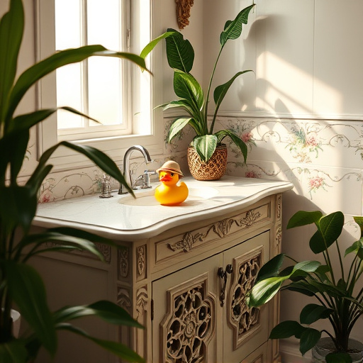 A serene and stylish master bathroom remodel in Gastonia, North Carolina, showcasing an elegant freestanding soaking tub surrounded by lush greenery and vibrant potted plants. The artisan-crafted tiles feature intricate patterns in soft earth tones, creating a warm and inviting atmosphere. Natural light streams through frosted glass windows, casting gentle shadows and enhancing the tranquil mood. Reflections in the polished tub surface emphasize the sense of space. Decorative elements include a whimsical mirror with a mosaic frame, unique ceramic soap dispensers, and a handwoven rug, blending functionality with artistic flair. A small wall-mounted shelf displays herbal plants and handmade pottery, adding character and promoting sustainability. The background incorporates earthy forest themes with abstract leaves and floral motifs, echoing Arts and Crafts Movement principles, and utilizes a color palette of soft greens, warm browns, and muted blues for a cozy, serene environment.