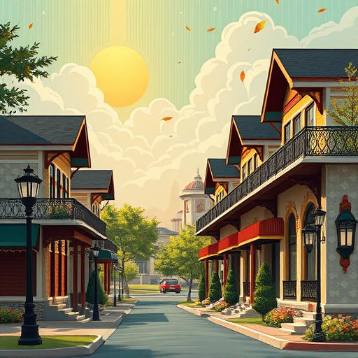 Alt text: Blog cover image depicting a serene suburban landscape in Mooresville, North Carolina, featuring well-maintained homes with vibrant seamless gutters that complement their architectural styles. The design incorporates geometric shapes and lines inspired by Bauhaus, framing the sleek gutters to highlight their modern appeal. Playful water droplets cascade from the gutters, creating sparkling effects in the light, while whimsical leaf patterns and flowers subtly enhance the design, celebrating the connection with nature. The background showcases gentle rolling hills with softly muted trees under a clear blue sky, reflecting a tranquil atmosphere. The color palette includes warm earth tones paired with cool blues and greens, contrasting the sharp Bauhaus forms for a visually engaging presentation focused on home improvement and quality.