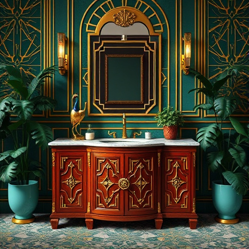 Alt text: Abstract expressionist blog cover image featuring a vibrant arrangement of elegantly designed bathroom vanities in Mint Hill, North Carolina. The scene showcases unique shapes and finishes, including sleek modern lines, rustic wood textures, and intricate vintage elements. Instead of human figures, playful representations of colorful bathroom accessories like bottles, fluffy towels, and lush potted plants are scattered around, adding life and gaiety. The mood is inviting and refreshing, reflecting calm sophistication with quirky details such as draped towels and cascading plants. The background evokes Mint Hill's serene vibe with abstract representations of curvy hills and whimsical trees, creating a harmonious balance with the modern vanities. The color palette blends mint greens, soft blues, and earthy browns, infusing warmth while maintaining a tranquil atmosphere. The overall composition is balanced yet dynamic, inviting viewers into a space where stylish functionality meets playful elegance.