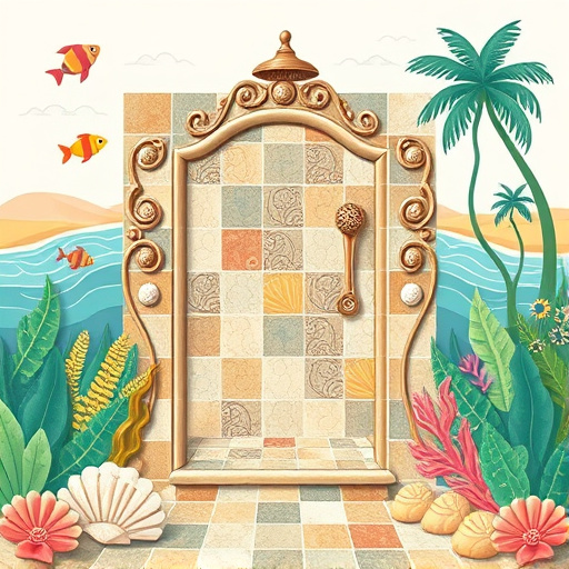 A vibrant blog cover image depicting a stylish shower remodel in Fort Mill, South Carolina. The design features a modern shower space with sleek tile work and a contemporary glass enclosure. Geometric patterns inspired by the Bauhaus style are prominent, along with a rainfall showerhead and elegant fixtures. Lush potted plants frame the edges, adding a natural element to the luxurious setting. The color palette includes soft blues, warm grays, and crisp whites, creating a tranquil and clean atmosphere. Quirky details, such as a rubber duck on the tub's edge, a bright yellow geometric bath mat, and an abstract shower curtain, add a playful touch. In the background, a subtle depiction of the Fort Mill skyline is visible through a frosted glass window, enhancing the local flavor while maintaining sophistication. The overall composition balances elegance and charm, rendered in a bold Bauhaus-inspired art style.