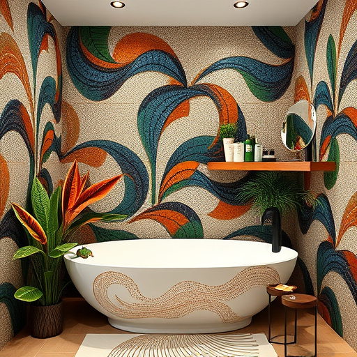 A high Renaissance-style depiction of a luxurious master bathroom remodel in New London, North Carolina. The image features elegant marble flooring and intricately designed tiled walls. A magnificent freestanding bathtub with brass fixtures reflects a soft, warm glow. Large arched windows in the background allow natural light to enter, revealing serene views of a lush garden. A vintage-style shower occupies one corner, with an ornate chandelier hanging gracefully above, casting diamond-like reflections on polished surfaces. The mood is calm and serene, exuding opulence. Quirky elements include whimsical soap dispensers shaped like seashells and a small potted plant with colorful flowers. The color palette consists of soft pastels and warm neutrals, with touches of gold and deep greens. Decorative touches like plush towels, artful toiletries, and an artistically framed vintage mirror create an inviting retreat-like ambiance, embodying the spirit of a sophisticated home renovation.