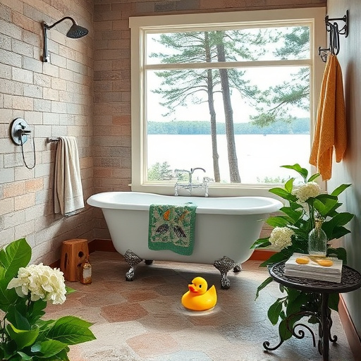 Alt text: A modern shower remodel in Florence, South Carolina, featuring an inviting shower space adorned with shimmering tiles in soft blues and warm earth tones. Hand-painted whimsical details, including playful water droplets and abstract floral patterns, surround the shower, adding personality. A vintage-style window reveals Southern greenery, while an ornamental towel rack shaped like a tree branch enhances charm. A friendly frog peeks from a decorative soap dish, adding a quirky touch. The image showcases expressive ArtBrut style brush strokes and a rich color palette, balanced with soothing tones and vibrant accents, all set against a backdrop of soft, muted walls and a subtle patterned wallpaper, reflecting the rejuvenating essence of a bathroom remodel.