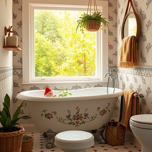 Alt Text: A cozy, beautifully remodeled small bathroom in Weddington, North Carolina, featuring a freestanding bathtub under a large window that fills the space with natural light. The rustic-style vanity, crafted from reclaimed wood, showcases a vintage mirror. Lush ferns and succulents adorn the corners, adding vibrant greenery. The calming color palette includes light neutral walls with touches of ocean blue and soft grey. A stylish shower curtain with abstract patterns and colorful floor tiles bring personality, while an elegant pendant light creates a warm glow. Rustic wooden shelves display curated bath accessories and aromatic candles, evoking a serene, spa-like retreat in a compact space.