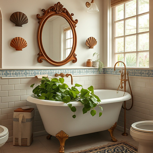 A vibrant and whimsical small bathroom remodel in Denver, North Carolina, inspired by the intricate style of Byzantine art. The elegantly redesigned space features a vintage clawfoot bathtub decorated with colorful mosaics, surrounded by lush greenery visible through a small frosted window. Rich teal walls are contrasted by gilded accents, creating a luxurious yet cozy atmosphere. The floor is adorned with intricate tile patterns that resemble sunbursts and floral motifs. Golden light fills the room, casting playful shadows, while whimsical elements include a regal rubber duck at the tub's edge. Above an ornate vanity, a mirror reflects a charming arrangement of house plants, enhancing the earthy ambiance. The color palette incorporates deep blues, golds, and vibrant greens, creating a calm yet lively feel. Delicate details like tiny golden fish etched in the glass shower door and vine-like tendrils on the walls invite exploration. The overall ambiance blends playful elegance and the serene vibe of a spa, showcasing the unique charm of personal renovation in Denver, North Carolina.