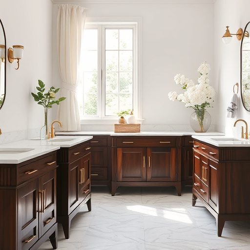 Alt text: A beautifully styled bathroom interior showcasing ornate, vintage vanities embodying Southern elegance in Gastonia, North Carolina. The scene features detailed woodwork, elegant mirrors with floral motifs, and artisanal sink basins with nature-inspired designs. The color scheme includes rich greens, deep blues, and warm earthy tones, creating a serene atmosphere. Whimsical elements like swirling vines and subtle fairy lights intertwine with greenery. Unique details such as a vintage floral clock and a seashell-shaped soap dish add character. A softly illuminated window casts golden light on polished surfaces, enhancing delicate decorations like potted herbs and botanical prints, making the setting inviting and luxurious for a blog on bathroom design.