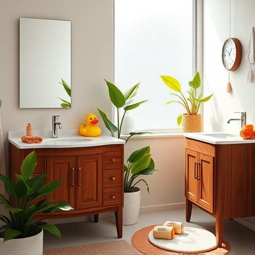 A captivating blog cover image depicting a beautifully designed bathroom centered around "Bathroom Vanities in Wadesboro, North Carolina." The scene features elegant vanities with rich wood grains and intricate southern design detailing. Adorned with artistic knobs, soft under-cabinet lighting, and stylish vessel sinks, the vanities blend modern and rustic charm. The mood is calm and inviting, embodying relaxation and personal sanctuary. Whimsical elements like a rubber duck peeking from behind a plush towel and vibrant shelled soap dishes add playful character. The background showcases a serene window view of a lush North Carolina landscape with gentle sunlight streaming in, enhancing the warmth of the space. The color palette is soft, using creamy whites, warm earthy tones, and subtle greens to evoke tranquility and comfort, aligning with the theme of bathroom elegance in Wadesboro.