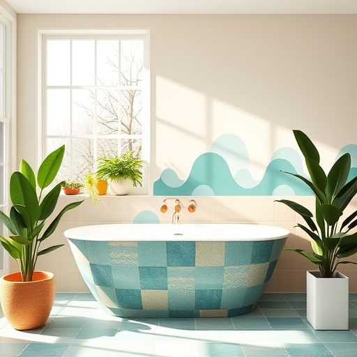 Alt Text: A beautifully remodeled small bathroom in Tega Cay, South Carolina, combines modern elegance and southern charm. The scene includes a newly renovated vanity with polished white marble countertops, a stylish vase of vibrant peonies, and an ornate mirror reflecting gleaming fixtures. A delicate chandelier hangs above, casting warm light and playful shadows on the whimsical hexagon-patterned tiled floor. Sunlight streams through a small window, illuminating a collection of colorful bath products on a reclaimed wooden shelving unit, interspersed with quirky labels and fun bath toys. Lush greenery visible outside enhances the tranquil ambiance, while the soft yet vibrant color palette of warm whites and earthy tones evokes calmness and rejuvenation, punctuated by hyperrealistic details and playful accessories, creating an inviting spa-like retreat without any human figures.
