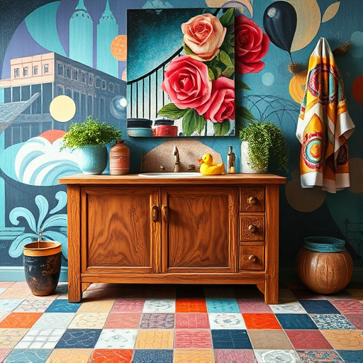 A vibrant blog cover image depicting a stylish bathroom setting in Wesley Chapel, North Carolina, featuring a variety of luxurious bathroom vanities. The image showcases unique designs, ranging from rustic farmhouse styles to sleek modern finishes. Lush potted ferns add a fresh and calming vibe, complemented by decorative items like vintage mirrors and quirky soap dispensers for a personalized touch. The scene has a playful and inviting tone, encouraging exploration of bathroom design trends. Abstract swirls of color flow from the vanities, symbolizing creativity and inspiration, with a vibrant color palette that includes bold greens, soft blues, and warm yellows. The cozy, sunlit background evokes the essence of a bright North Carolina morning, with architectural elements like shiplap or beadboard enhancing the locale's character. The composition embodies Neo-Expressionism, featuring expressive brushstrokes and energetic forms that engage the viewer in the world of bathroom design.