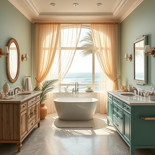 A cozy, rustic bathroom scene in Rock Hill, South Carolina, featuring a vintage-inspired wooden vanity intricately carved with nature symbols such as leaves and flowers. The bathroom is bathed in warm sunlight filtering through a frosted window, creating a soft and inviting atmosphere. Above the vanity, an ornate round mirror reflects greenery and glowing lights, enhancing the serene mood. Whimsical elements like floating bubbles in the shape of playful fish and water droplets cascade in the background, adding a quirky twist to the elegance. The floor showcases subtle mosaic tiles resembling pebbles, leading to a small indoor plant in the corner, deepening the connection to nature. The color palette includes calming greens, soft blues, and warm earthy tones like tan and cream, creating a soothing environment that emphasizes a balance between functionality and artistry, inviting viewers into a sanctuary of beauty and comfort.