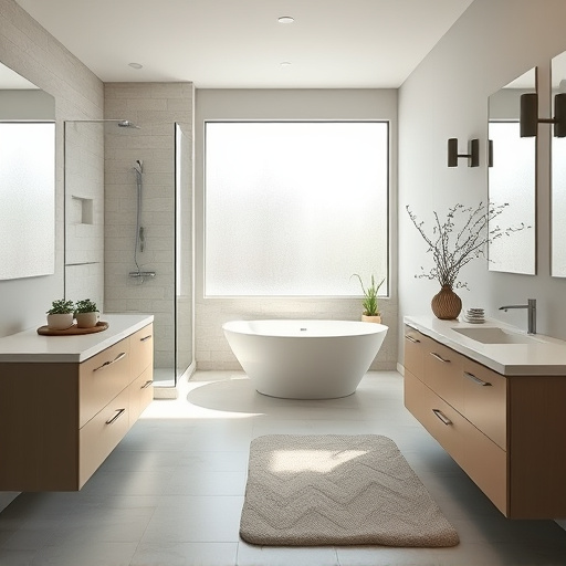 A cozy small bathroom remodel featuring sleek modern fixtures and rustic elements inspired by Mount Holly, North Carolina. The centerpiece is a contemporary sink with an elegant marble countertop, complemented by wooden cabinetry that showcases local timber grain. A large mirror reflects warm ambient light from vintage-style sconces, enhancing the inviting atmosphere. Playful details include a quirky shower curtain with whimsical pine tree and mountain patterns, nodding to the local scenery. A lush potted fern rests on a sun-drenched windowsill, adding greenery. The weathered stone-look floor tiles contribute to the rustic charm while providing a modern touch. The muted pastel backdrop creates a calm and serene retreat, with hyperrealistic details capturing water droplets on sleek tiles and the texture of the wood grain. Ideal for a blog cover on bathroom renovations, it beautifully blends modern aesthetics with local flair.