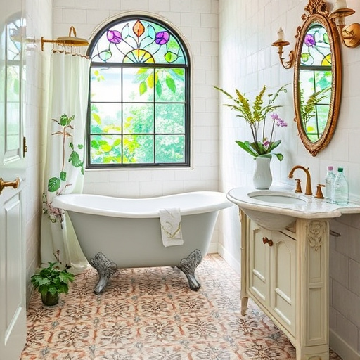 A vibrant Cubist depiction of a small bathroom remodel in Cornelius, North Carolina, featuring an abstract geometric design. The image showcases a compact bathtub with sharp angular lines, walls adorned with a colorful mosaic of tiles, and an oversized mirror reflecting in fragmented shapes. Lively blues and greens create a mood of freshness and tranquility, reminiscent of local serene lakes. Quirky elements include an oversized rubber duck and abstract plants, adding a whimsical touch. A unique light fixture in Cubist style hangs from the ceiling, while an abstract window in the background hints at natural light streaming in, with colorful prisms reflecting sunlight and enhancing the room's vibrancy. This composition celebrates creative interior design and encapsulates the essence of a cozy, updated space with artistic flair.