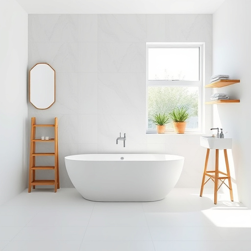 Alt text: Hyperrealistic blog cover image depicting a renovated shower space in Richfield, North Carolina, featuring elegant, intricate tile patterns in soft earthy tones. Glimmering water droplets cascade down a sleek glass shower door, reflecting warm overhead light. A rustic wooden shelf holds spa essentials including bamboo soaps, aromatic candles, and plush pastel towels, adding subtle Southern charm. A vintage-inspired seashell-shaped showerhead and a tiny potted succulent introduce playful details. The background displays a softly blurred tropical leaf motif, creating a serene spa-like environment. The color palette of soft greens, sandy beiges, and subtle blues enhances the tranquil and inviting atmosphere, embodying a peaceful bathroom escape.