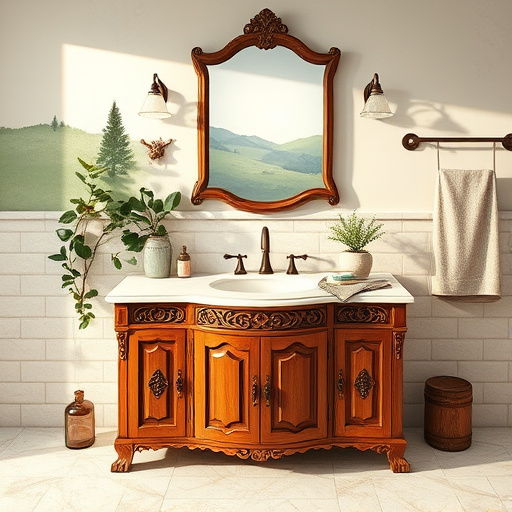 Alt text: An extravagant master bathroom in Belmont, North Carolina, inspired by Byzantine art style, features a lavish freestanding soaking tub with intricate blue and gold mosaic tiles. Surrounding the tub are elegantly designed potted plants, enhancing the luxurious atmosphere. The walls showcase detailed frescoes with serene water motifs, creating a tranquil spa-like haven. A large window allows soft, diffused light to warm the space. Quirky decor includes a uniquely shaped mirror with swirling patterns and a whimsical rubber duck with a crown atop the tub, adding a playful touch. Floating shelves display colorful bath products shaped like Byzantine relics. The color palette of rich golds, deep blues, and soft whites evokes relaxation while showcasing intricate craftsmanship, complemented by marble flooring and detailed archways that add historical flair.