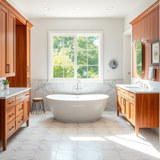 Alt Text: A modern, luxurious master bathroom remodel in Monroe, North Carolina, features a freestanding soaking tub illuminated by soft, ambient lighting. The bathroom is adorned with geometric tiles, showcasing a blend of elegance and contemporary design. A whimsical flower-shaped showerhead cascades water in ethereal patterns, creating a calming atmosphere. A small indoor plant in a uniquely designed pot adds life to the space, harmonizing with the room's color palette of soft earth tones, cool blues, and whites. The background reveals a large window with a tranquil view of lush green trees, framed by clean lines that enhance the sense of openness, embodying a perfect bathroom oasis for relaxation and inspiration.