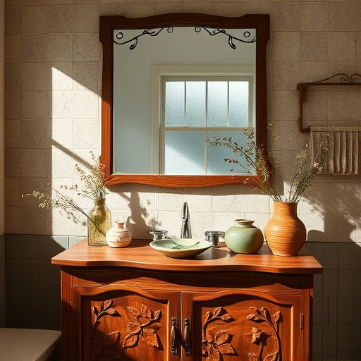 Alt Text: A vibrant mural depicting uniquely designed bathroom vanities set in a whimsical representation of Troutman, North Carolina. The vanities feature rich colors like deep blue, earthy red, and sunny yellow, showcasing intricate tile work and polished wood finishes. They are surrounded by a playful landscape of rolling hills and shimmering lakes, with oversized flowers and quirky animals adding charm. Traditional Southern elements such as rustic fences and quaint barns blend seamlessly into the composition. The mural evokes warmth and comfort, celebrating home décor while reflecting the vibrant tradition of Mexican muralism.