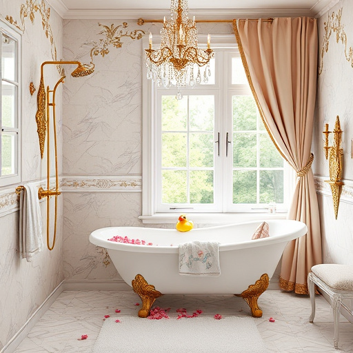 A luxurious Rococo bathroom showcasing an ornate shower area, highlighted by delicate marble and intricate gold filigree. The shower features floral patterns and is surrounded by vintage tiles in soft pastel shades of lavender, sky blue, and cream. A grand chandelier showerhead drips with crystals, contributing to the opulence. Nearby, a lavish freestanding tub is filled with rose petals and bordered by plush towels in coordinated pastel hues. The scene captures a playful yet sophisticated mood, with charming details like a rubber ducky on the tub, oversized soap dispensers adorned with floral motifs, and a quirky shower curtain featuring critters in bathtubs. The background reveals a grand window dressed in silk drapes, allowing soft, diffused light to filter in and cast gentle shadows, while the lush greenery of North Carolina is visible outside. The overall color palette features soft golds, muted pastels, and rich textures, creating a warm and inviting atmosphere, ideal for a blog cover on shower remodels in Midland, North Carolina.