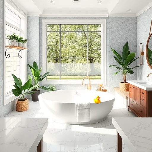 A beautifully crafted wooden bathroom vanity featuring intricate Native American motifs, positioned amidst a lush North Carolinian wilderness. The scene includes cascading waters flowing over smooth stones, creating a serene atmosphere reflective of relaxation and self-care. Playful elements such as a curious raccoon peeking from behind the vanity and a colorful butterfly resting on a nearby flower add personality to the composition. Surrounding foliage and vibrant wildflowers, inspired by the region’s natural beauty, showcase hues reminiscent of a sunset. The earthy color palette includes deep greens, warm browns, and soft pastels, establishing a harmonious connection between the handcrafted vanity and the enchanting landscape of Albemarle, North Carolina.