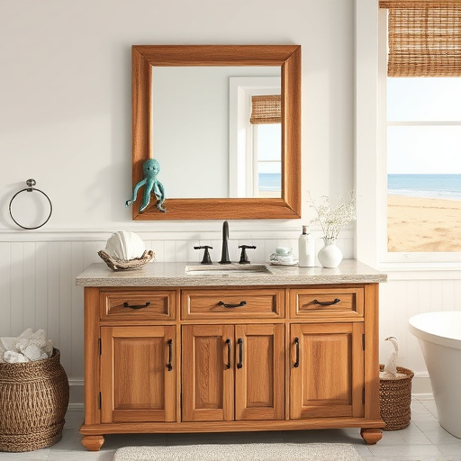 A conceptual art piece depicting a serene bathroom scene in Little River, South Carolina, featuring a variety of unique bathroom vanities. The vanities showcase a blend of rustic coastal charm and modern aesthetics, constructed from driftwood, polished marble, and chic ceramic tiles. They are adorned with quirky accessories like seashells, miniature surfboards, and vibrant potted plants. The softly lit room has light blue walls and large windows that frame a bright view of the sunny Little River landscape, with swaying palm trees and gentle waves in the distance. Whimsical elements include a fish-shaped mirror and a playful shower curtain with marine life patterns. The soothing pastel color palette includes soft blues, sandy beiges, and pearly whites, enhancing a tranquil seaside vibe. The art encourages viewers to appreciate the creativity and beauty of bathroom vanities in this charming coastal setting, without any human figures present.