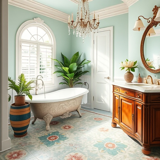 Alt Text: Art Deco bathroom vanity in North Myrtle Beach, South Carolina, featuring intricate geometric patterns and luxurious finishes. The scene showcases an elegant vanity in soft oceanic blue hues, crisp white, and hints of gold, with seashell and coral designs in the hardware. The inviting coastal bathroom background includes large windows revealing sandy shores and gentle waves, bathed in warm sunlight for a serene atmosphere. Whimsical touches like a stylized octopus lamp and fish-shaped soap dispensers complement the sophisticated aesthetic, while tropical palm leaves frame the composition, highlighting the coastal charm and decorative elegance of bathroom vanities in the area.