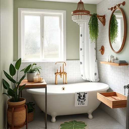 Cozy small bathroom in Davidson, North Carolina, featuring a claw-foot bathtub adorned with vibrant aquatic plants and colorful bath accessories. Soft light filters through a frosted window, creating a calming atmosphere with green and blue patterns on the tiled floor. Rustic wood paneling complements whimsical elements like a seashell-shaped vintage mirror and shelves with potted succulents and handmade soap dishes. Abstract shapes reflecting in the mirror add depth, while splashes of pastel colors mingle with bright whites and soft grays, emphasizing tranquility and creativity. The composition showcases Southern charm and invites exploration of bathroom remodeling ideas.