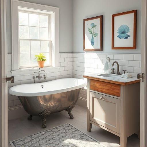 A beautifully redesigned small bathroom in Fairview, North Carolina, showcases charm and sophistication with a vintage clawfoot tub featuring hand-painted floral patterns. The interior boasts rich greenery visible through a large window, creating a serene atmosphere. Whimsical touches include miniature garden gnomes peek from behind potted ferns, a playful seashell-shaped soap dish, and an array of colorful towels hanging on a rustic wooden rack. The warm, golden light filtering through the window enhances the quaint character, encouraging relaxation. Intricate tiling designs on the walls reflect the artistic elements of the Pre-Raphaelite Brotherhood, complemented by soft earth tones, plush blues, and gentle greens. A delicate floral wallpaper provides a timeless elegance, while a vintage-style mirror captures enchanting details, including a hanging macramé plant holder. The overall scene presents a transformation story, blending creativity and function in a small sanctuary that embodies nostalgic romance.